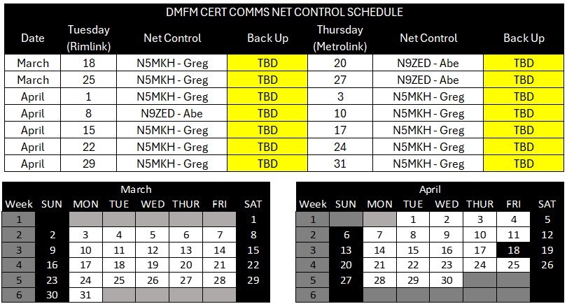 DMFM CERT COMMS net control schedule for March-April. Lists dates, net control, and backup for Tuesdays and Thursdays. Includes calendars.