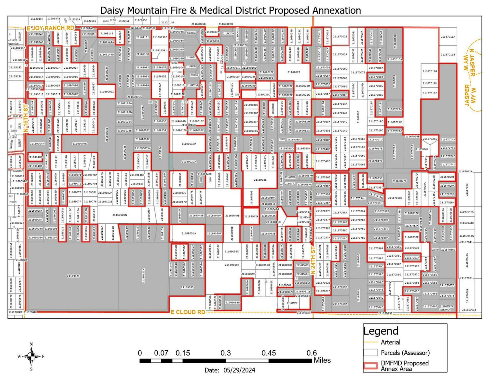 A map showing the proposed annexation area for Daisy Mountain Fire & Medical District with parcel details.