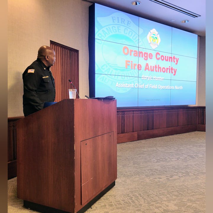 Orange County Fire Authority Assistant Chief Baryic Hunter shared the history and structure of OCFA, initiatives for wildfire mitigation, and the importance of collaboration with Special Districts.