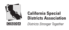 Logo of the California Special Districts Association with a map of California and text "Districts Stronger Together."