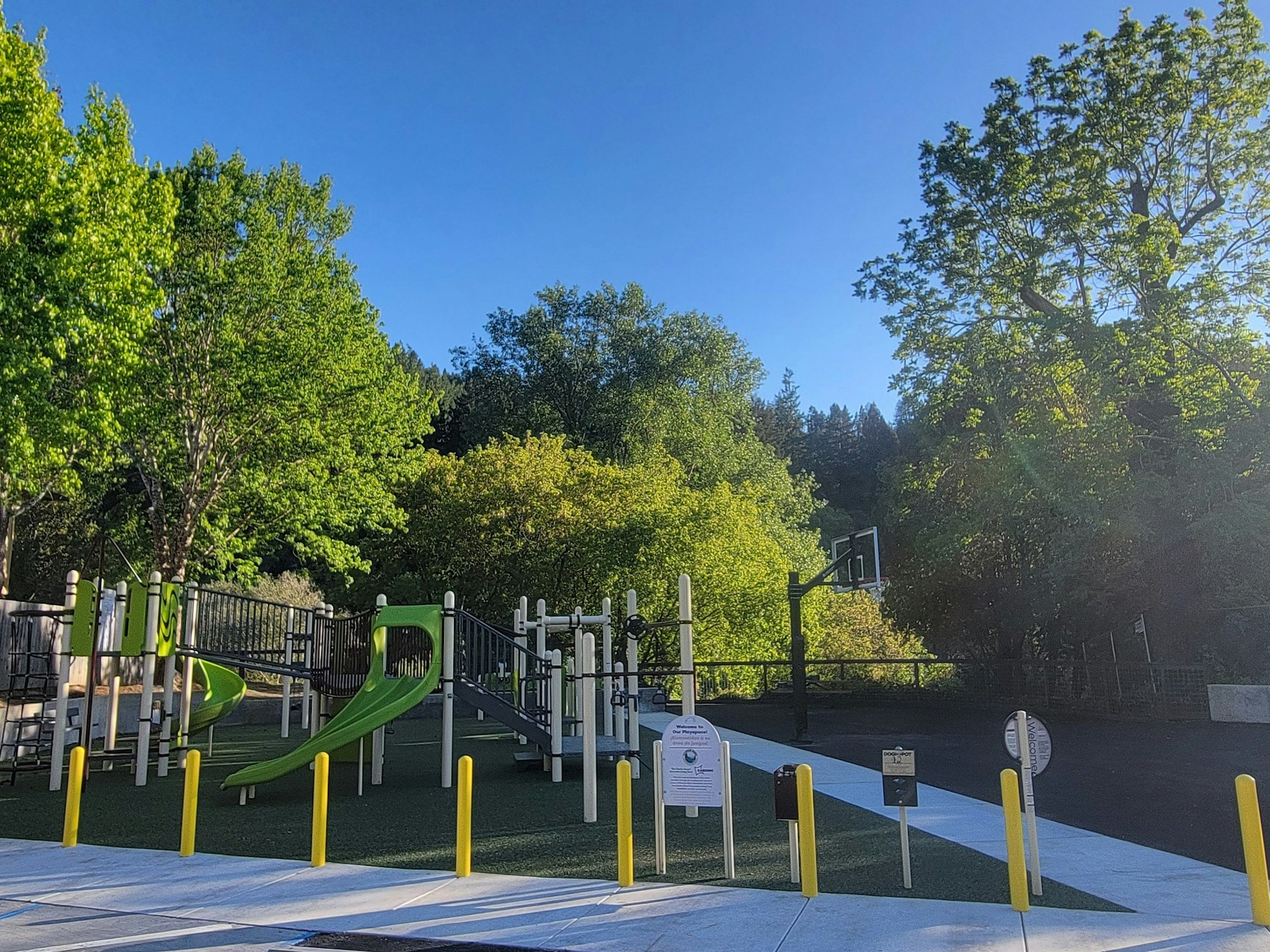 A playground with slides, a basketball hoop, surrounded by trees under a clear blue sky.