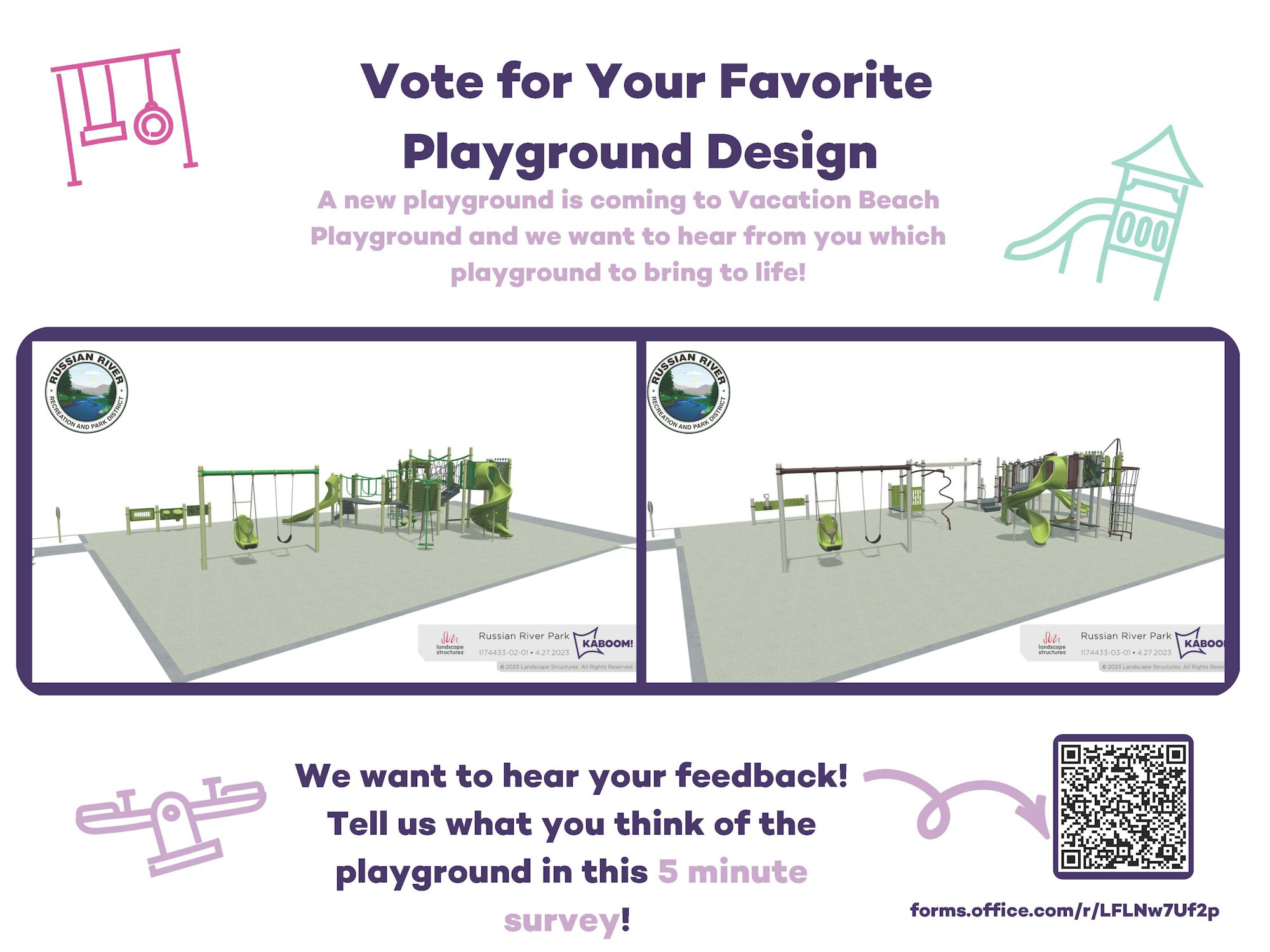 Flyer requesting feedback on two playground designs for Vacation Beach Playground, with a QR code for a survey.