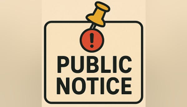 A sign with a pushpin icon, exclamation mark, and the text "PUBLIC NOTICE."