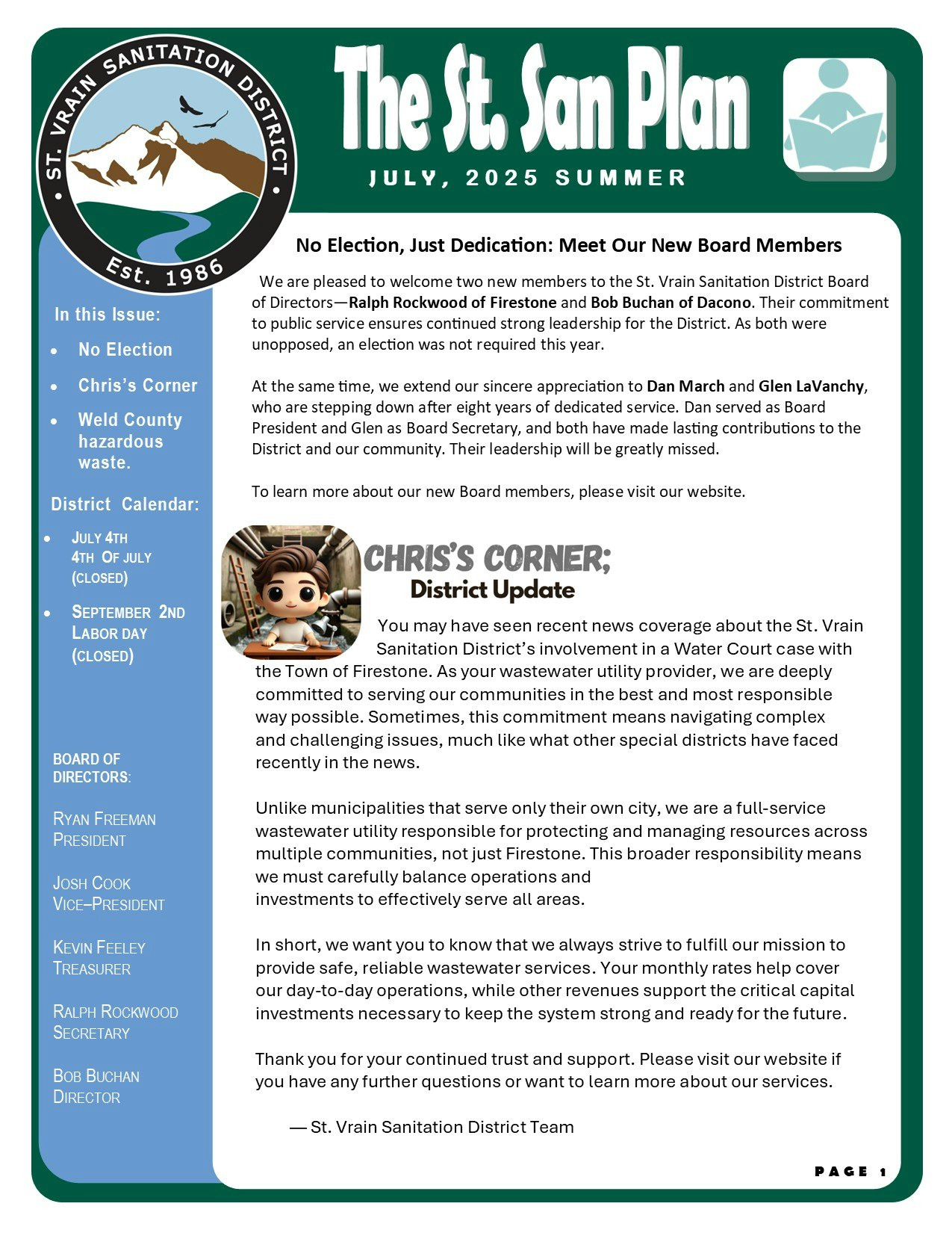 Newsletter for St. Vrain Sanitation District: new board members, updates, no election, and district updates.