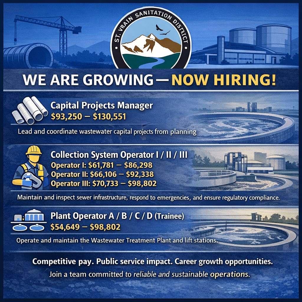St. Vrain Sanitation District is hiring for multiple positions with competitive salaries. Join a team focused on public service and sustainability.