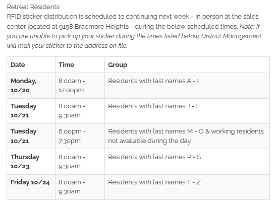 RFID sticker distribution schedule for residents based on last names from 10/20 to 10/24 at 9158 Braemore Heights.
