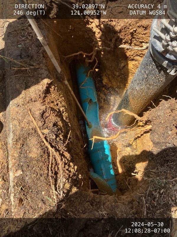Damage treated water line from PG&E pole replacment auger.
