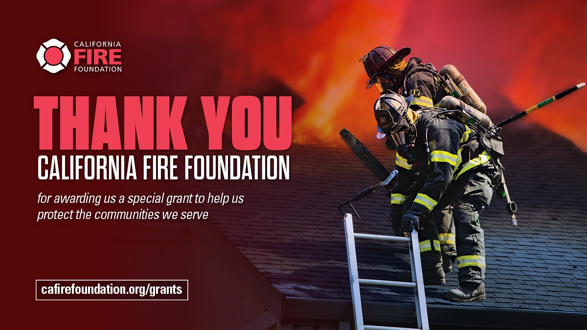 Firefighters on a roof, thanking California Fire Foundation for a grant.