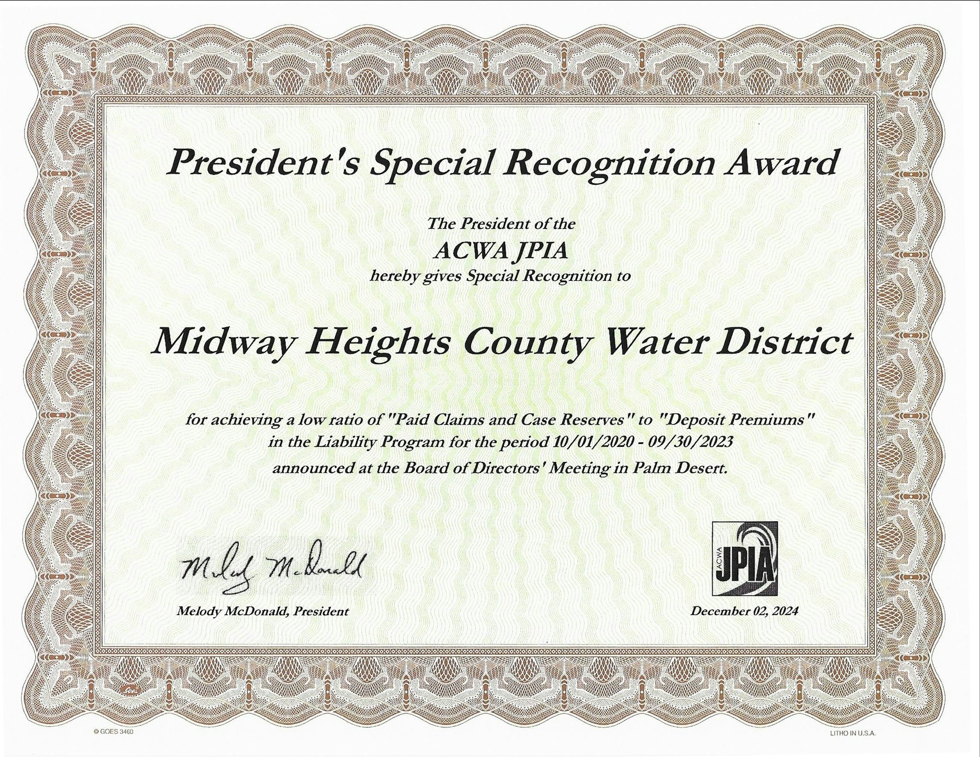 Certificate awarded to Midway Heights County Water District by ACWA JPIA for low claim ratios in a liability program, 2020-2023.