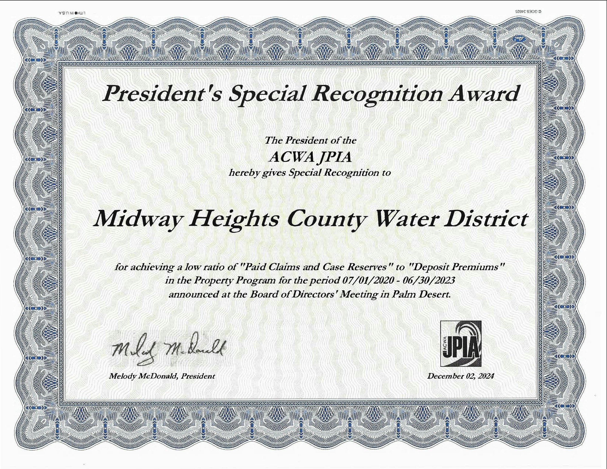 Certificate of recognition awarded to Midway Heights County Water District for low claims-to-premiums ratio, dated December 2, 2024.