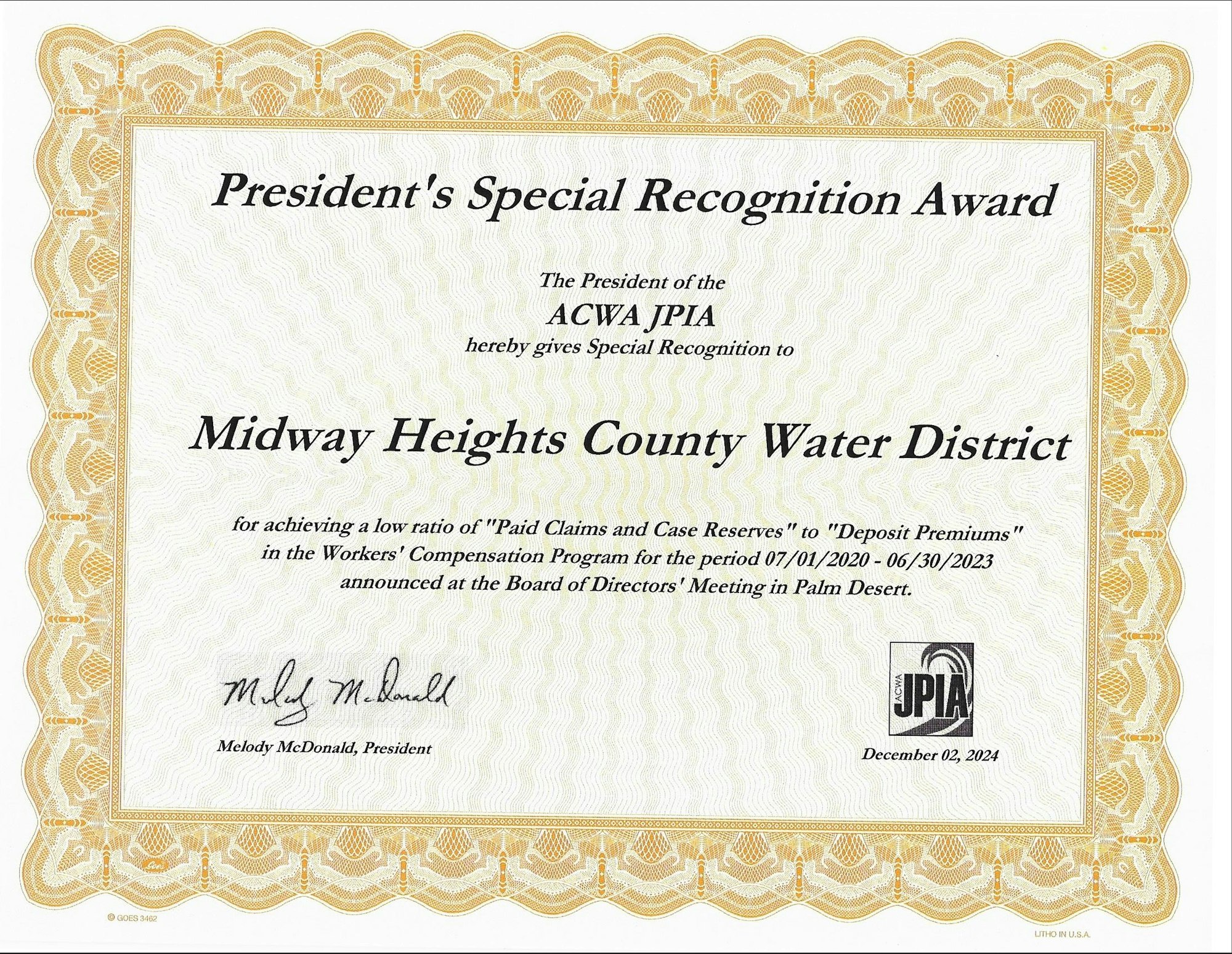 President's Special Recognition Award given to Midway Heights County Water District for low claim ratio 2020-2023.