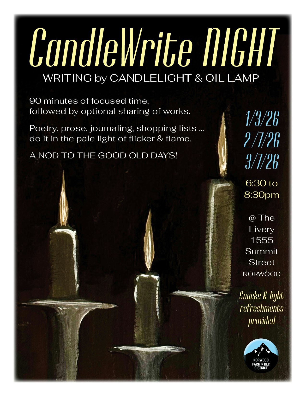 Event poster for "CandleWrite Night," a writing session by candlelight on specific dates, with snacks provided.