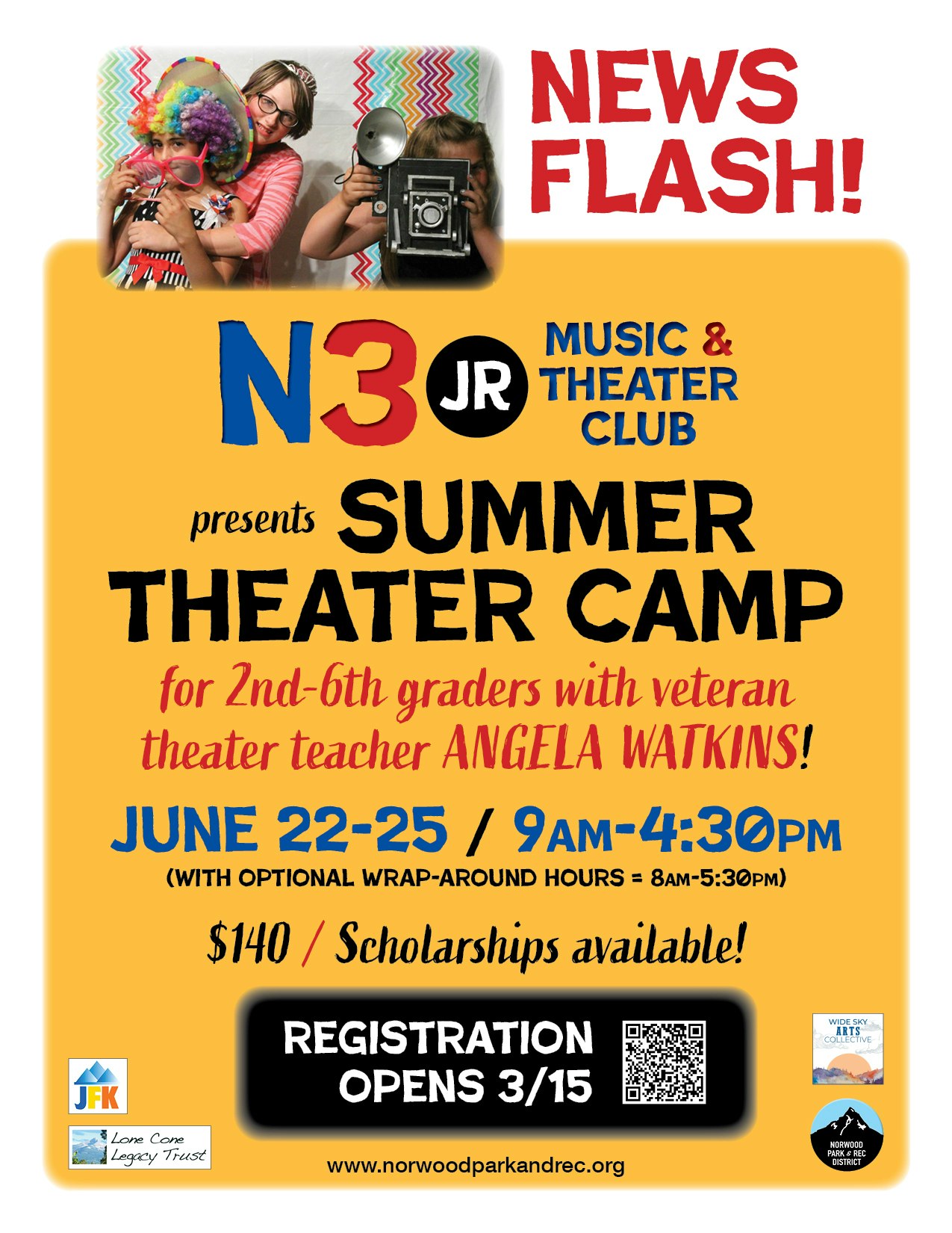 Summer Theater Camp for grades 2-6, June 22-25. Cost: $140. Registration opens 3/15. Scholarships available!