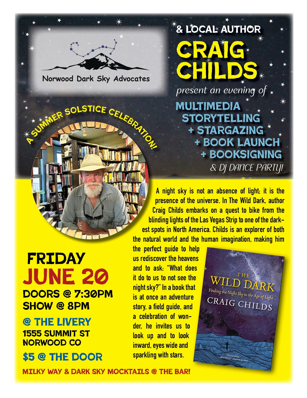 Event poster for Craig Childs' book launch with storytelling, stargazing, and DJ dance party. June 20, 8 PM, Norwood CO. $5 entry.