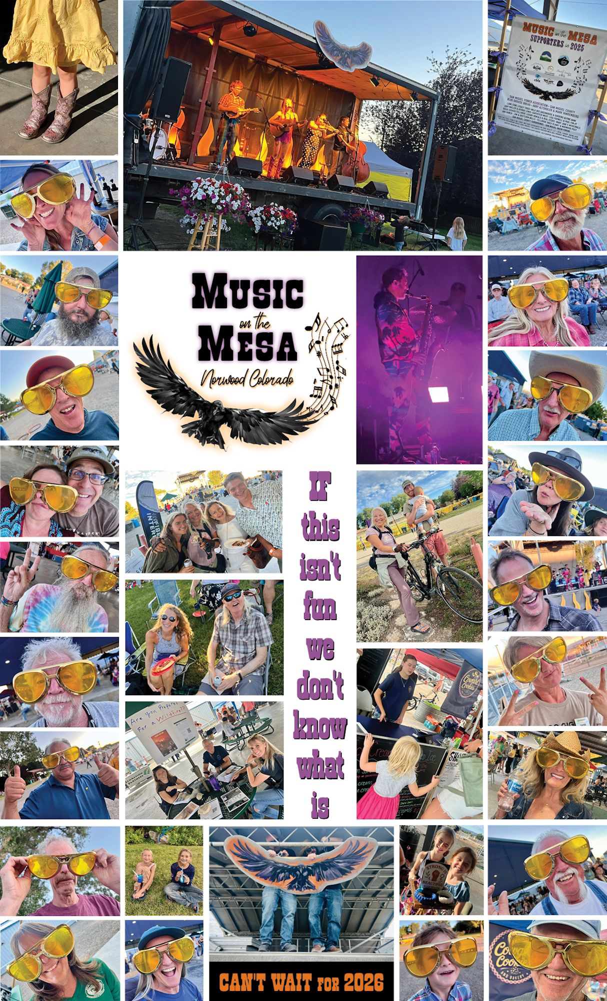 A collage of fun moments from the "Music on the Mesa" event in Norwood, Colorado, featuring performances and playful attendees.