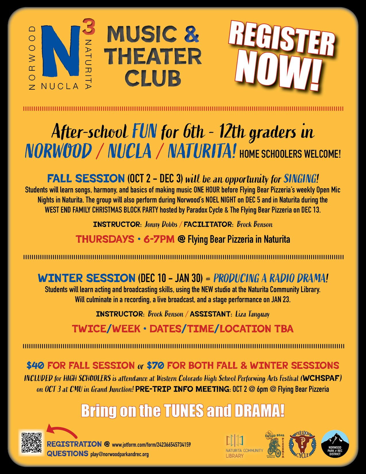Norwood Music & Theater Club for 6th-12th graders. Fall and winter sessions for singing and drama. Register at Flying Bear Pizzeria.