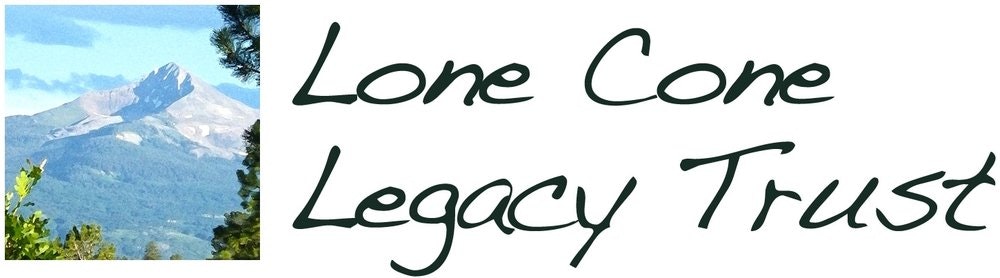 Photo of a mountain with text: "Lone Cone Legacy Trust."