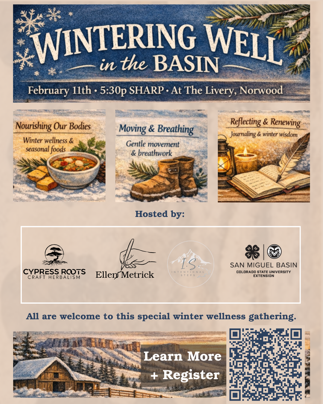 Event: "Wintering Well in the Basin" on Feb 11 at 5:30 PM. Focus on wellness, movement, and journaling. All are welcome!