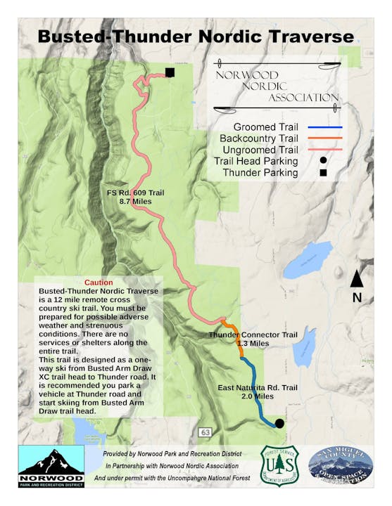 Map of Busted-Thunder Nordic Traverse, a 12-mile remote ski trail with groomed, backcountry, and ungroomed sections.