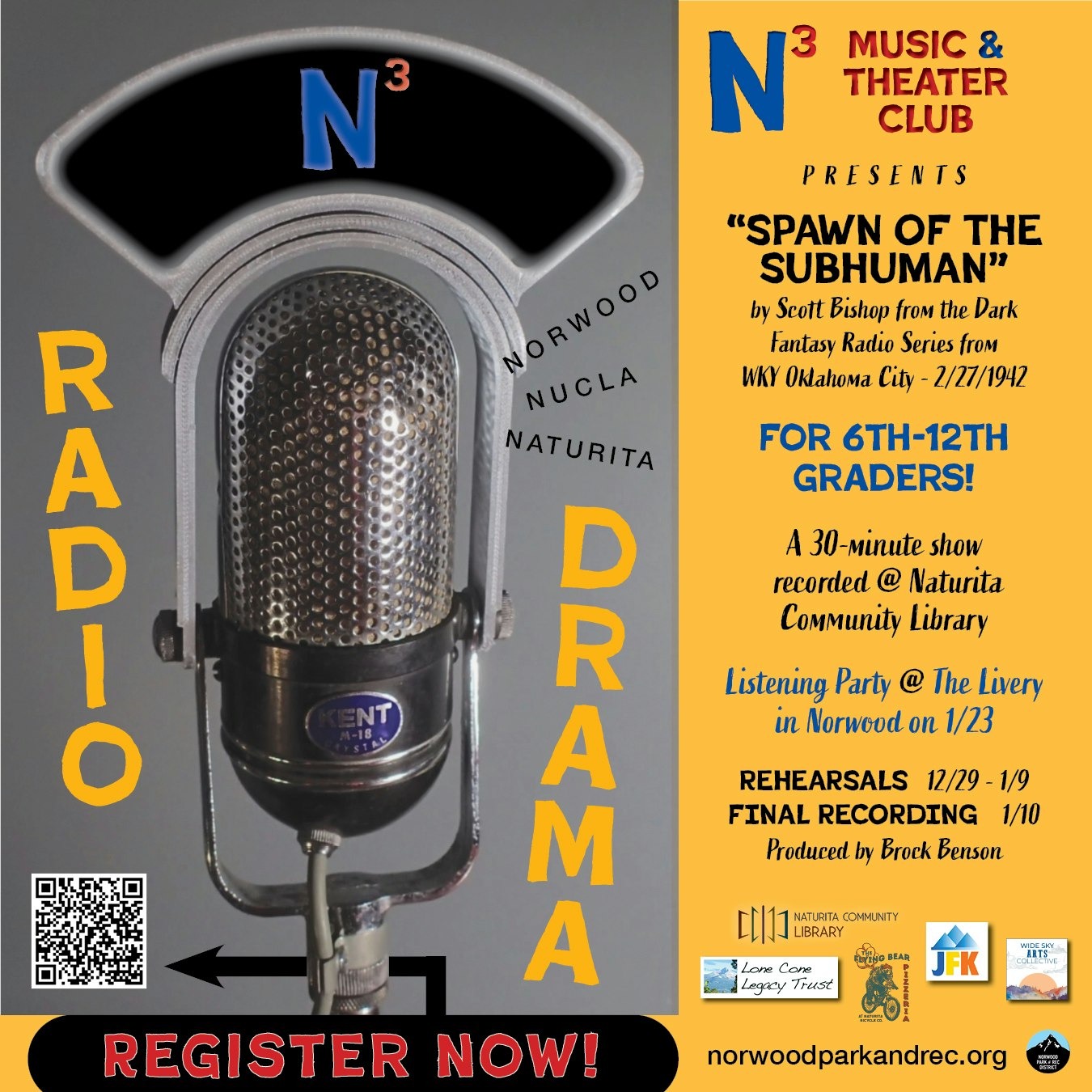 Announcement for a radio drama, "Spawn of the Subhuman," for grades 6-12, with details on rehearsals and a listening party.
