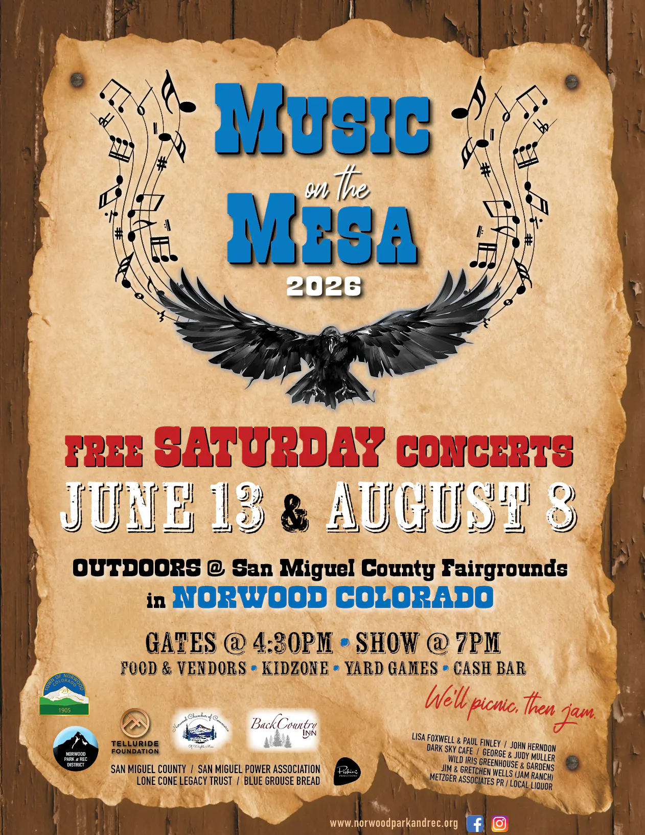 Poster for "Music on the Mesa 2026" featuring free outdoor concerts on June 13 & August 8 in Norwood, Colorado, starting at 4:30 PM.