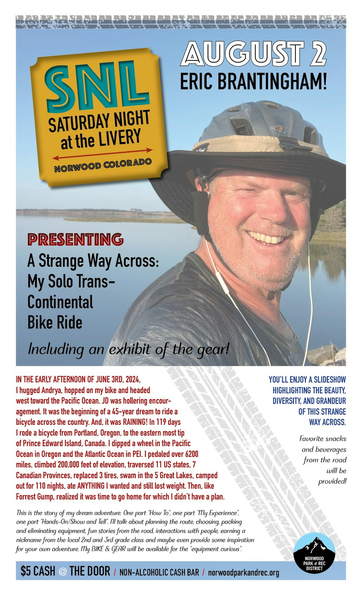 Event poster for Eric Brantingham's presentation on his solo bike ride across the continent, happening August 2 in Norwood, Colorado.