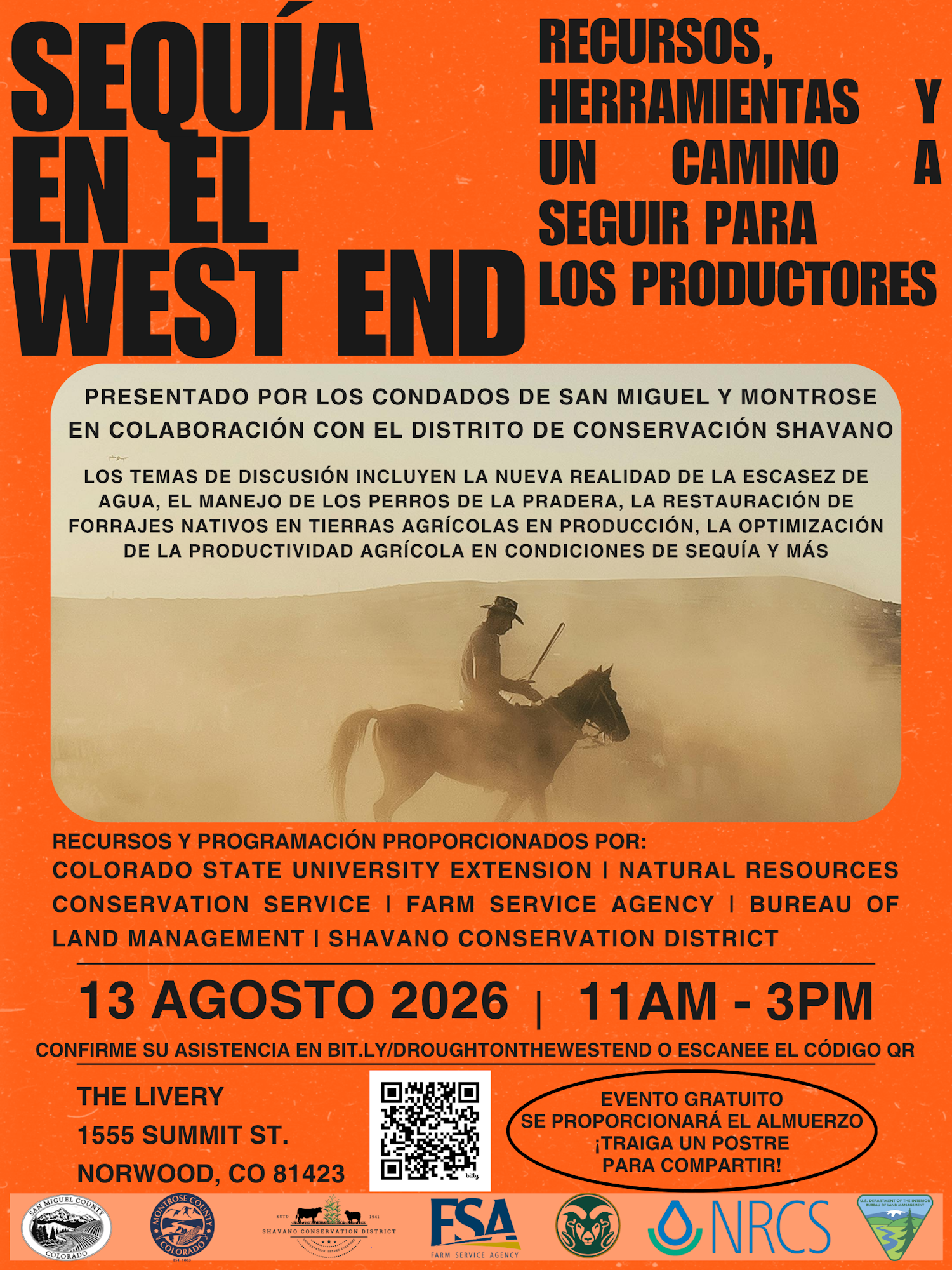 Event on drought resources for producers in West End, CO, on August 13, 2026, with discussions and free lunch. QR code for RSVP.