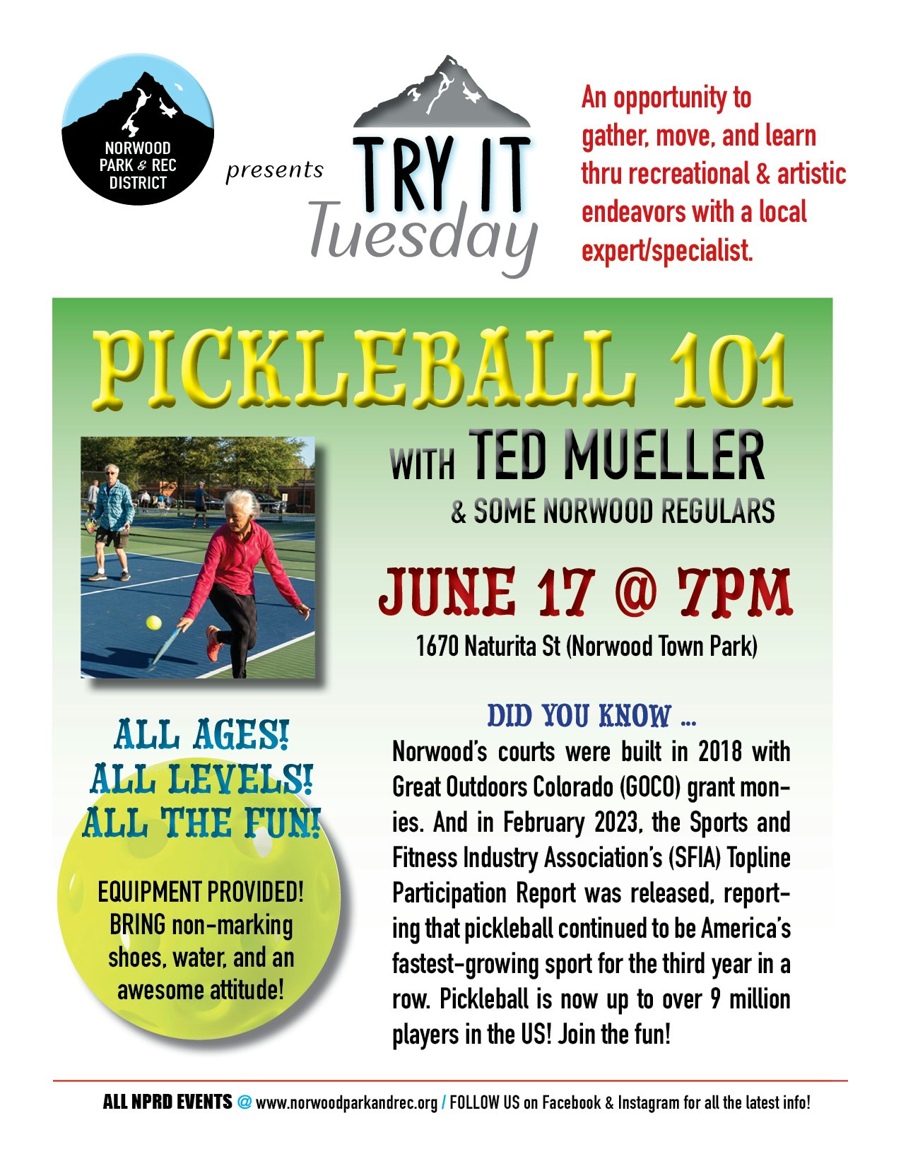 Flyer for "Pickleball 101" in Norwood. Event on June 17 at 7 PM. All ages welcome. Equipment provided.