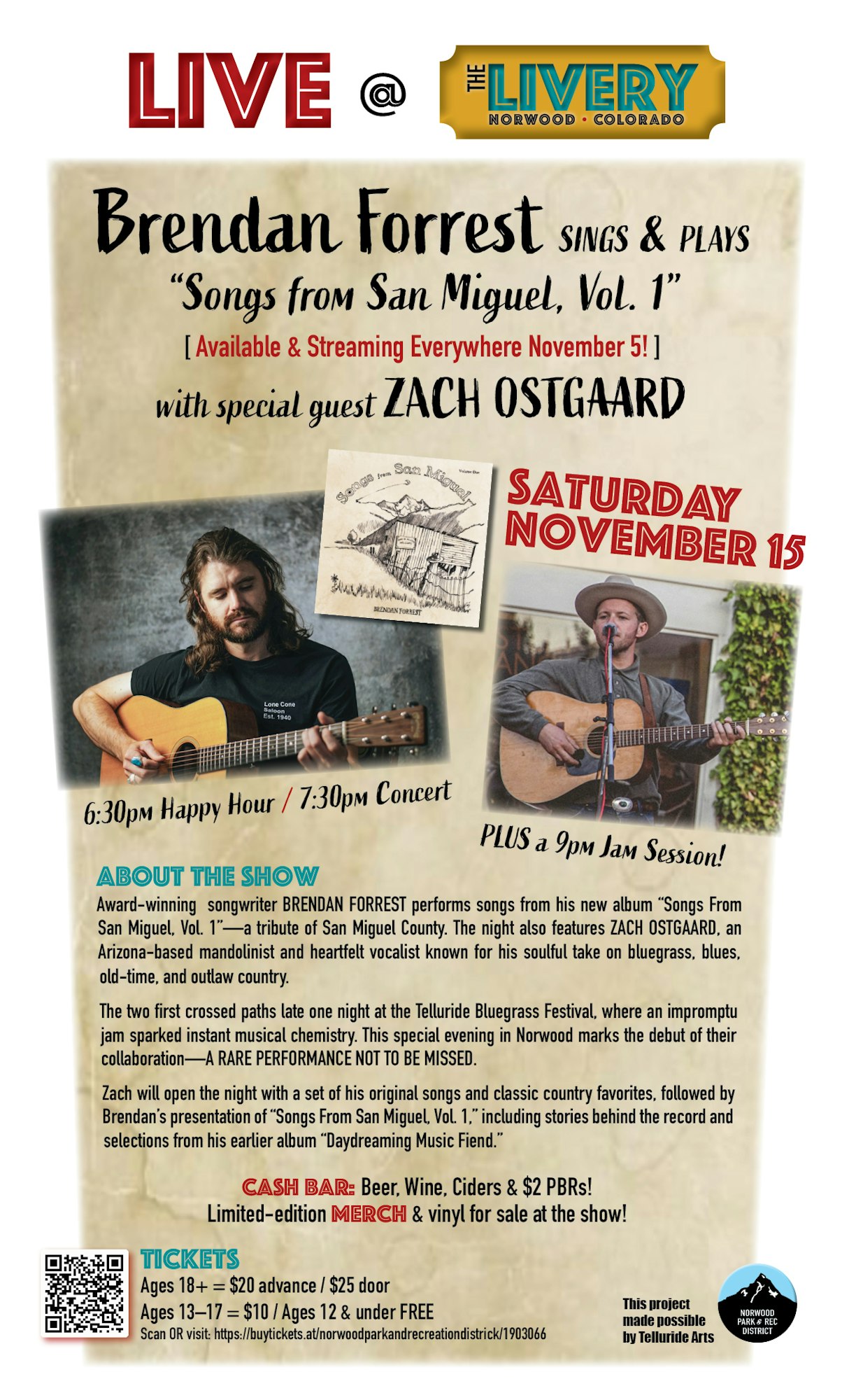 Brendan Forrest concert at The Livery, Norwood on Nov 15 with special guest Zach Ostgaard. Includes jam session and cash bar.