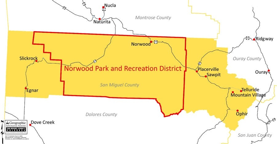 Map showing Norwood Park and Recreation District in San Miguel County, Colorado, bordered by towns including Slickrock and Telluride.