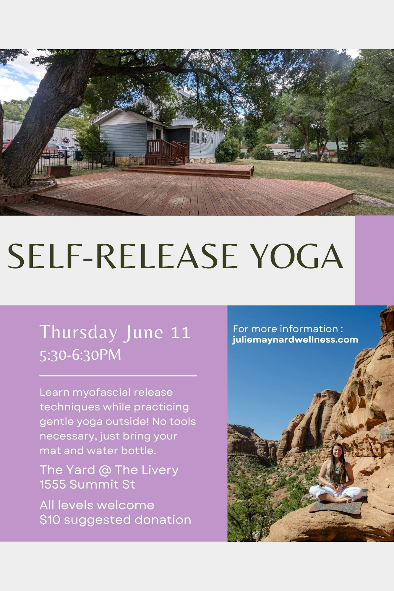 A flyer for a self-release yoga class on June 11, 5:30-6:30 PM, at The Yard @ The Livery, $10 donation suggested.