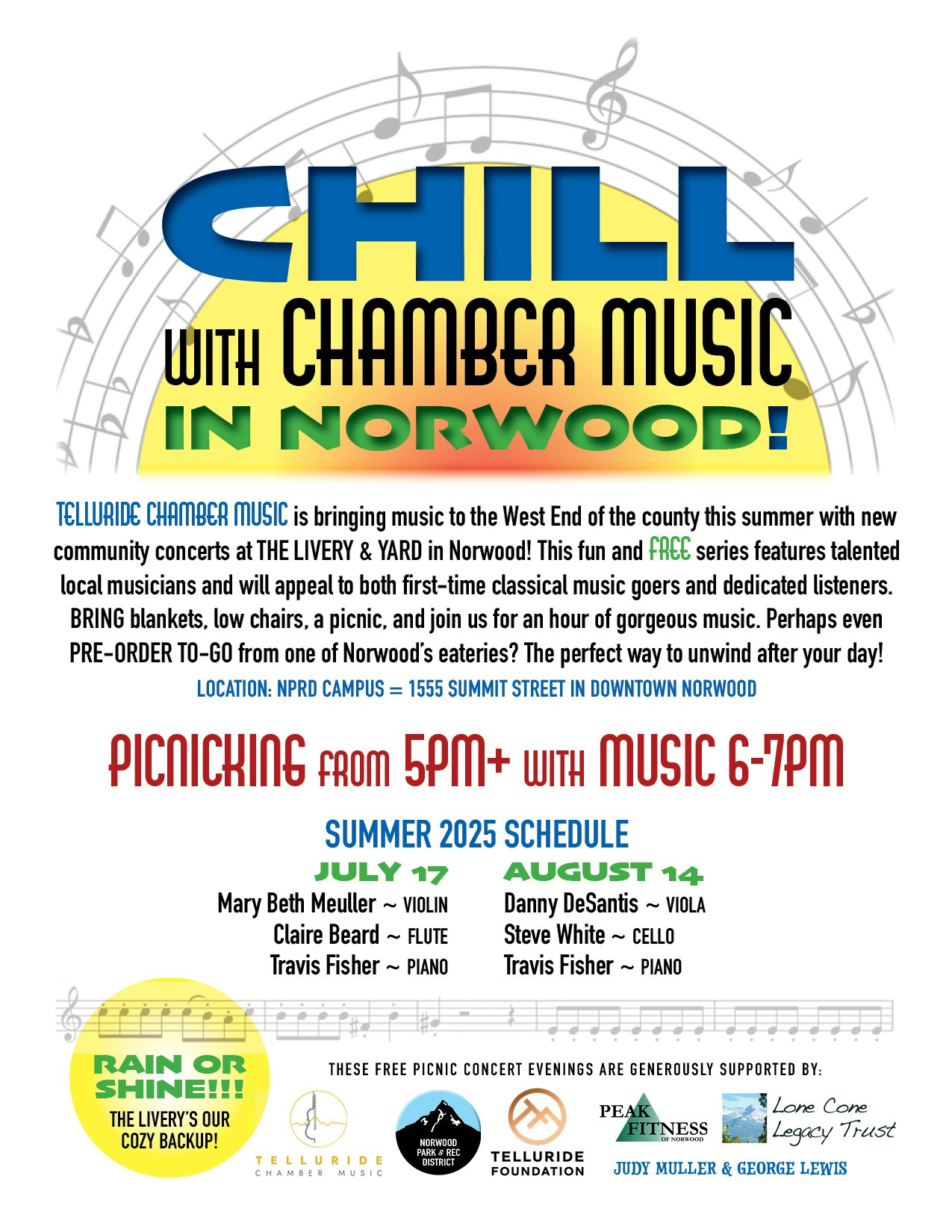 Chill with chamber music in Norwood. Free concerts July 17 and August 14. Picnicking at 5 PM, music 6-7 PM at NPRD Campus, 1555 Summit St.