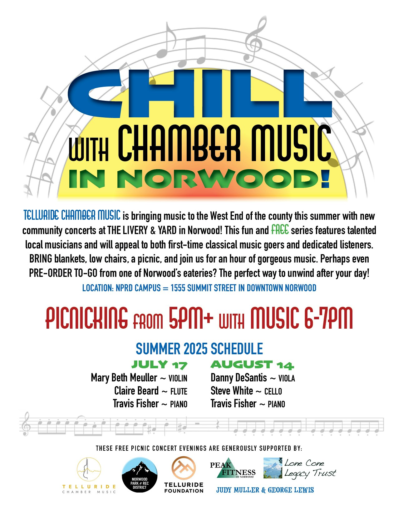 Chill with Chamber Music in Norwood, picnic 5pm, music 6-7pm. July 17 & Aug 14. Location: NPRD Campus. Summer 2025 schedule listed.