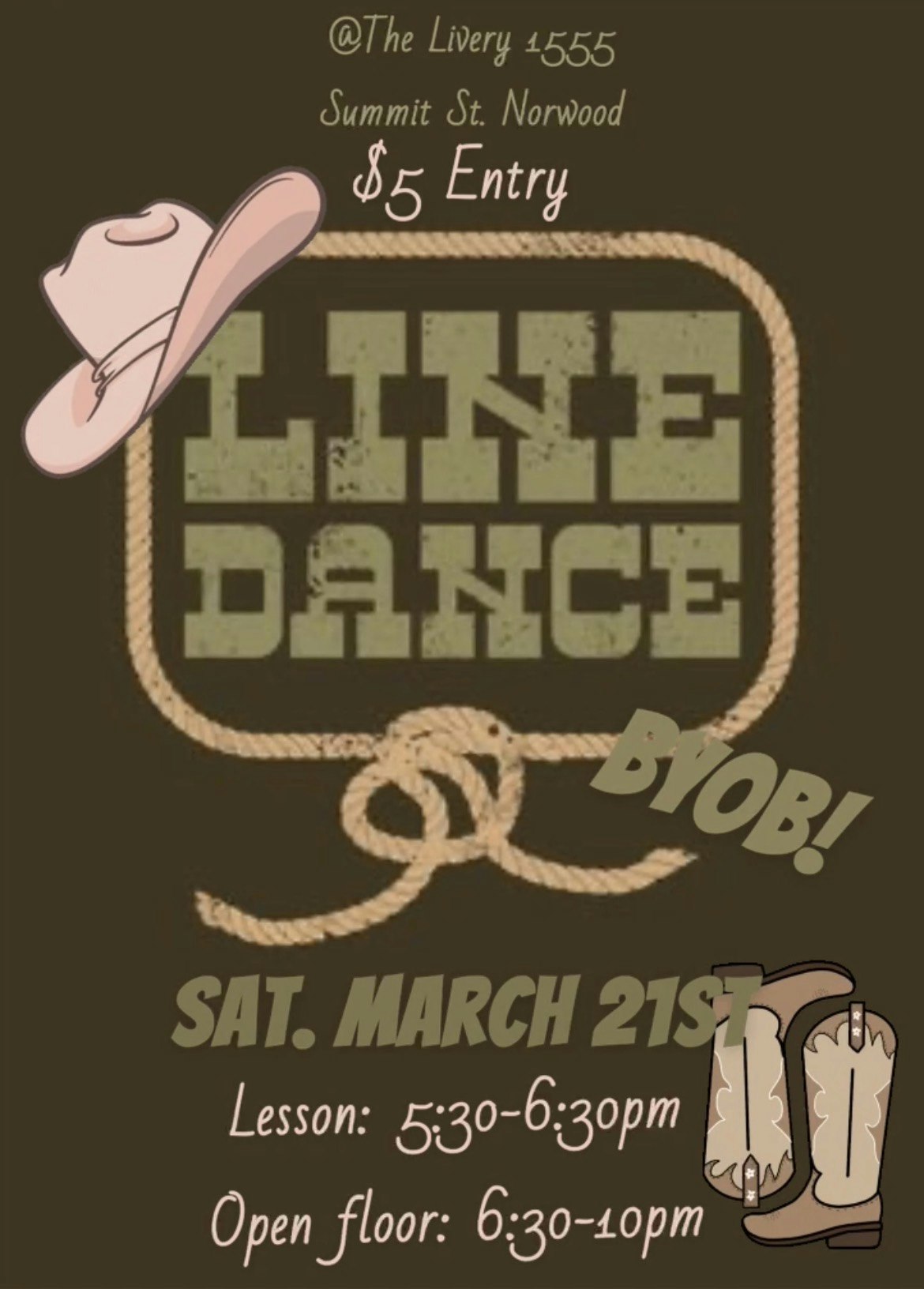 Line dance event on March 21 at The Livery, Norwood. $5 entry, lesson 5:30-6:30 PM, open floor 6:30-10 PM. BYOB!