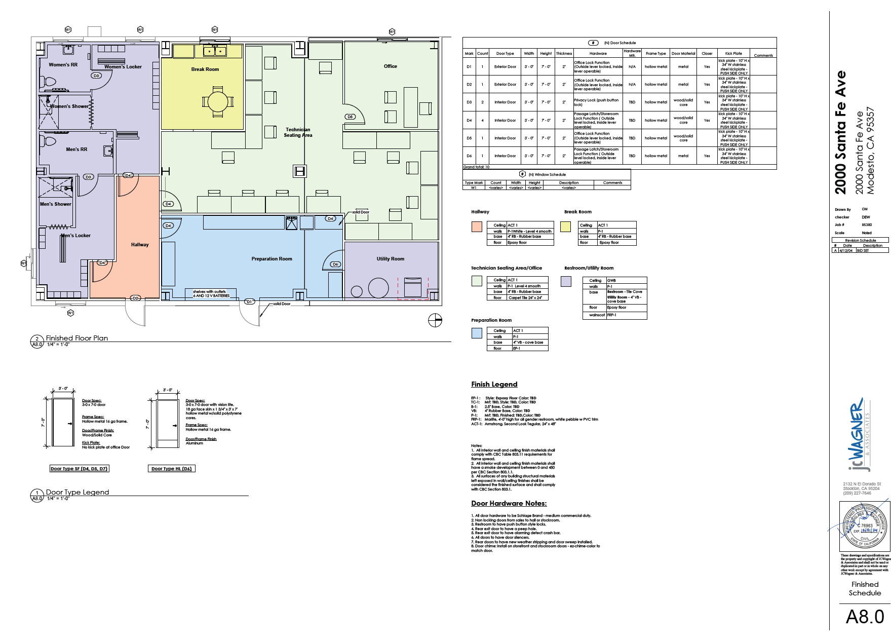 Architectural floor plan with detailed door schedule and finishes legend.