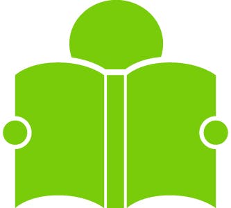 The image features a stylized green book with two circular elements on either side, symbolizing reading or education.