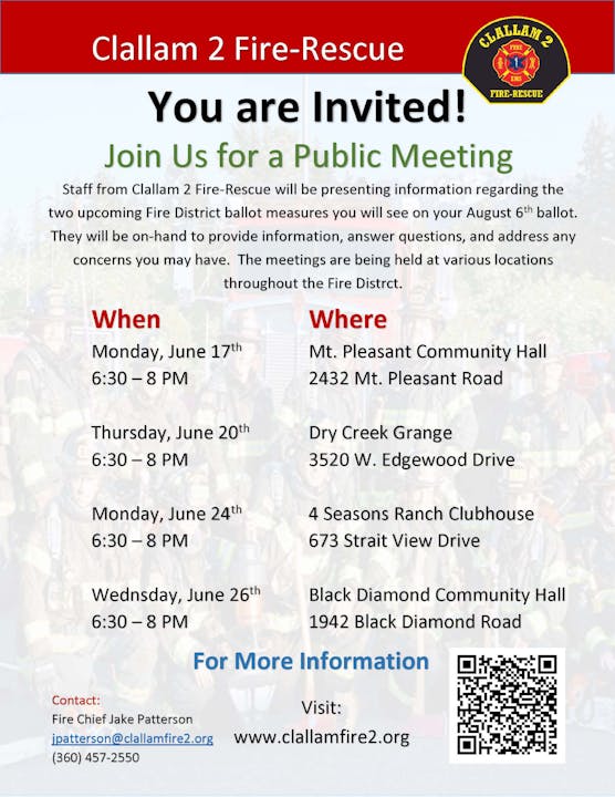 Invitation to Clallam 2 Fire-Rescue Public Meeting with dates, times, locations, and contact info.