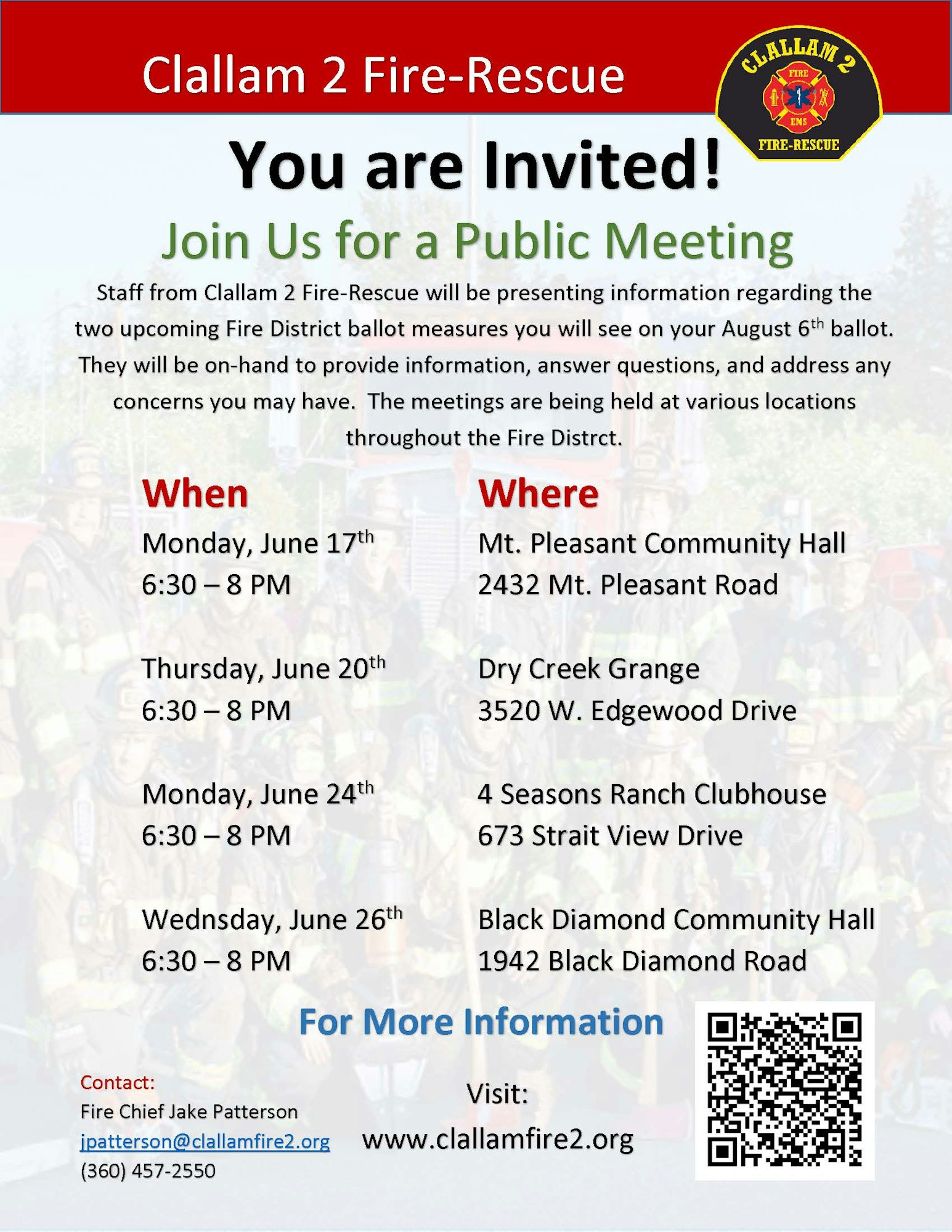 Invitation to Clallam 2 Fire-Rescue Public Meeting with dates, times, locations, and contact info.