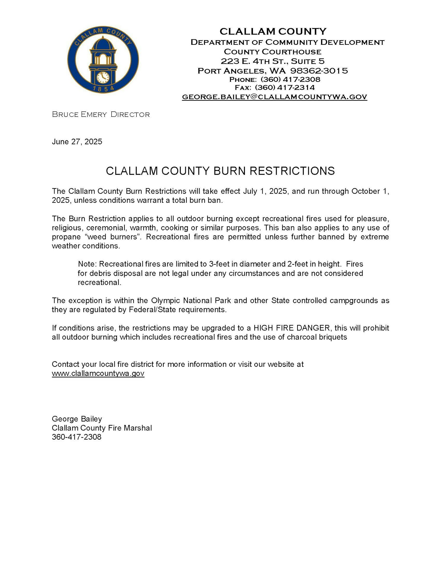 Clallam County announces burn restrictions effective July 1, 2025, limiting outdoor fires, with exceptions for recreational purposes.