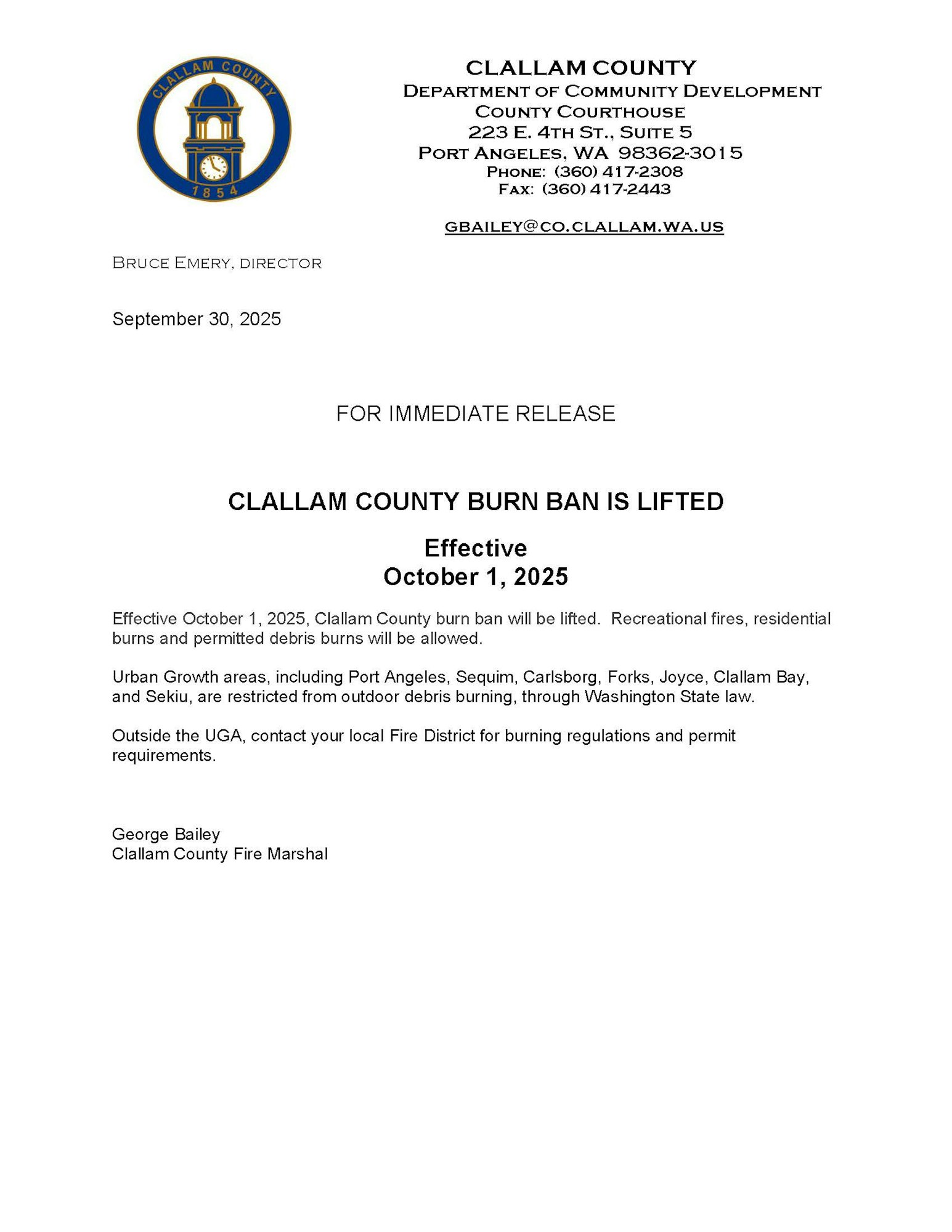 Clallam County burn ban lifted on October 1, 2025. Recreational fires allowed, debris burning restricted in Urban Growth Areas.