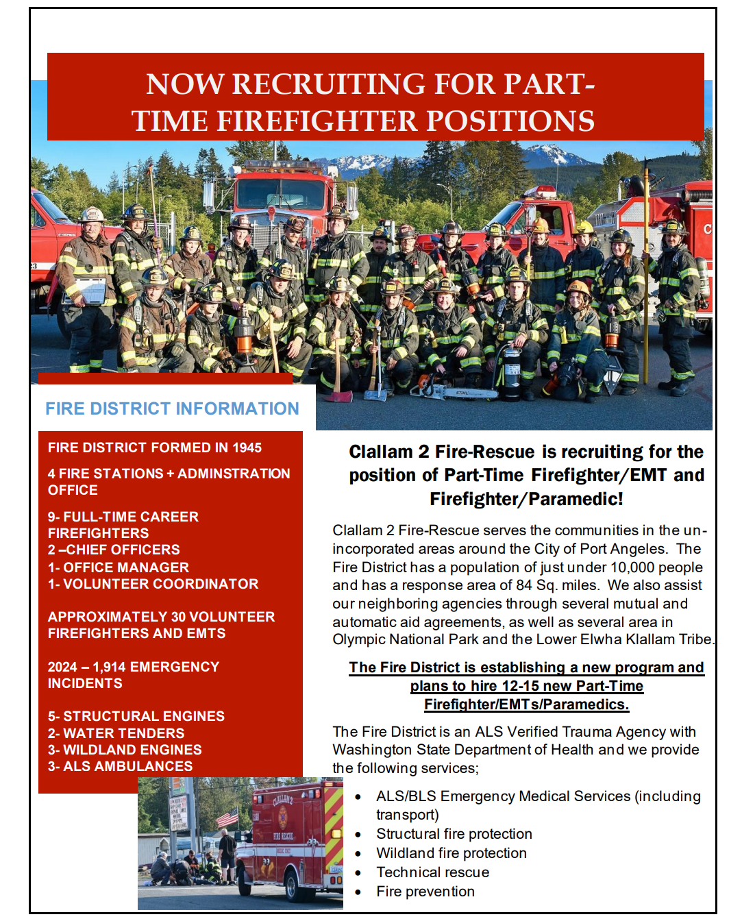 Clallam 2 Fire-Rescue is hiring part-time firefighters/EMTs. More info on roles, services, and community support inside.