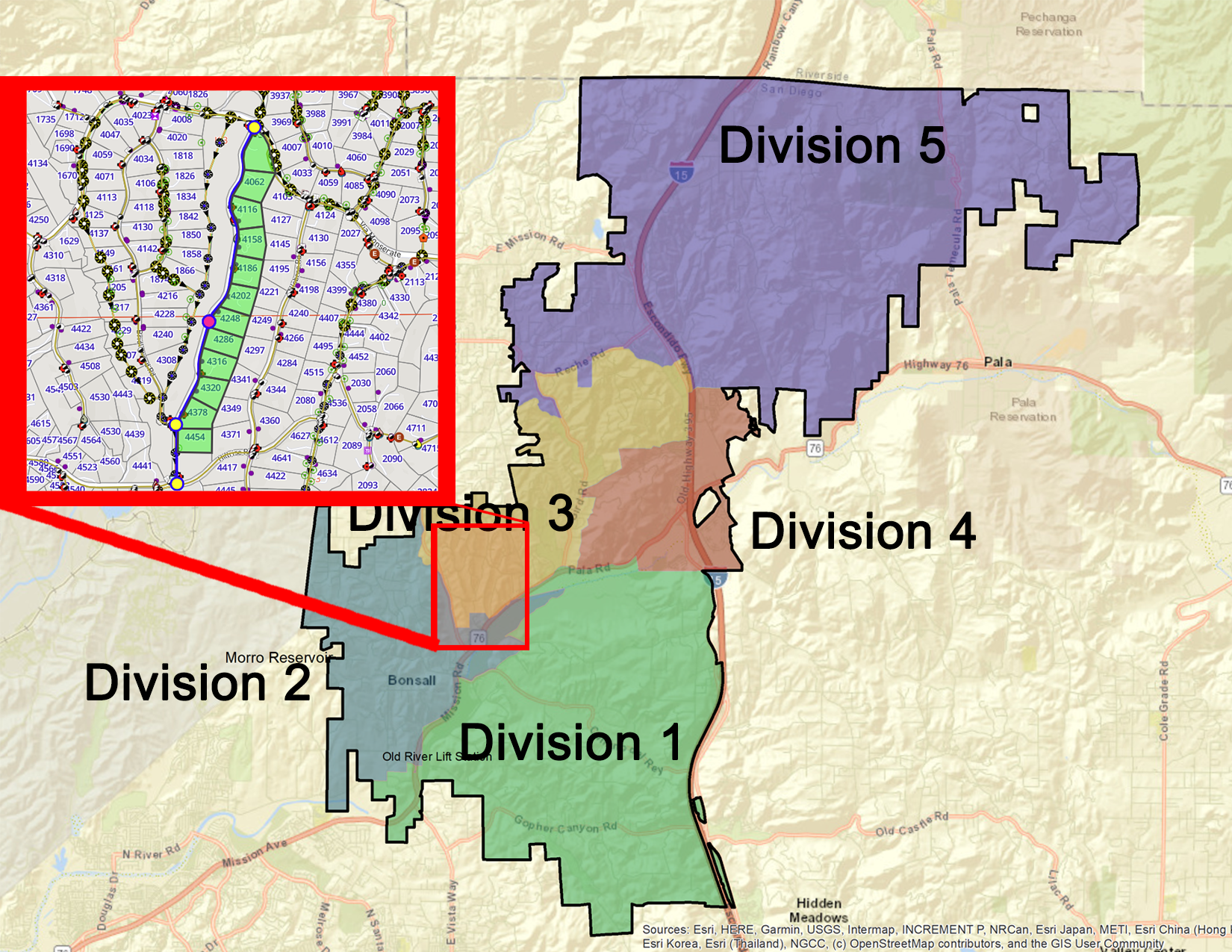 A map showing different divisions (1-5) in a region, with an inset highlighting specific streets or areas.