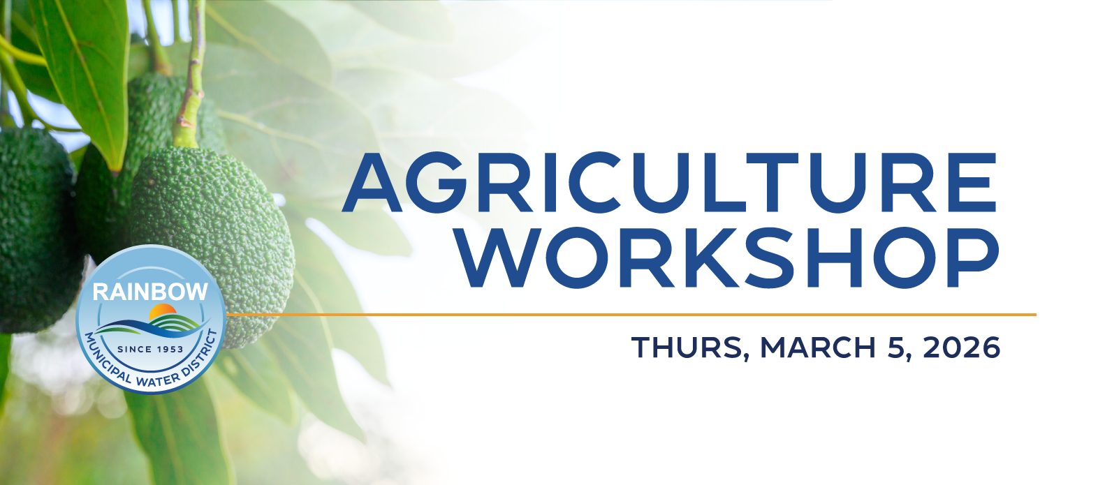 A poster for an agriculture workshop on March 5, 2026, featuring avocados and the Rainbow Municipal Water District logo.