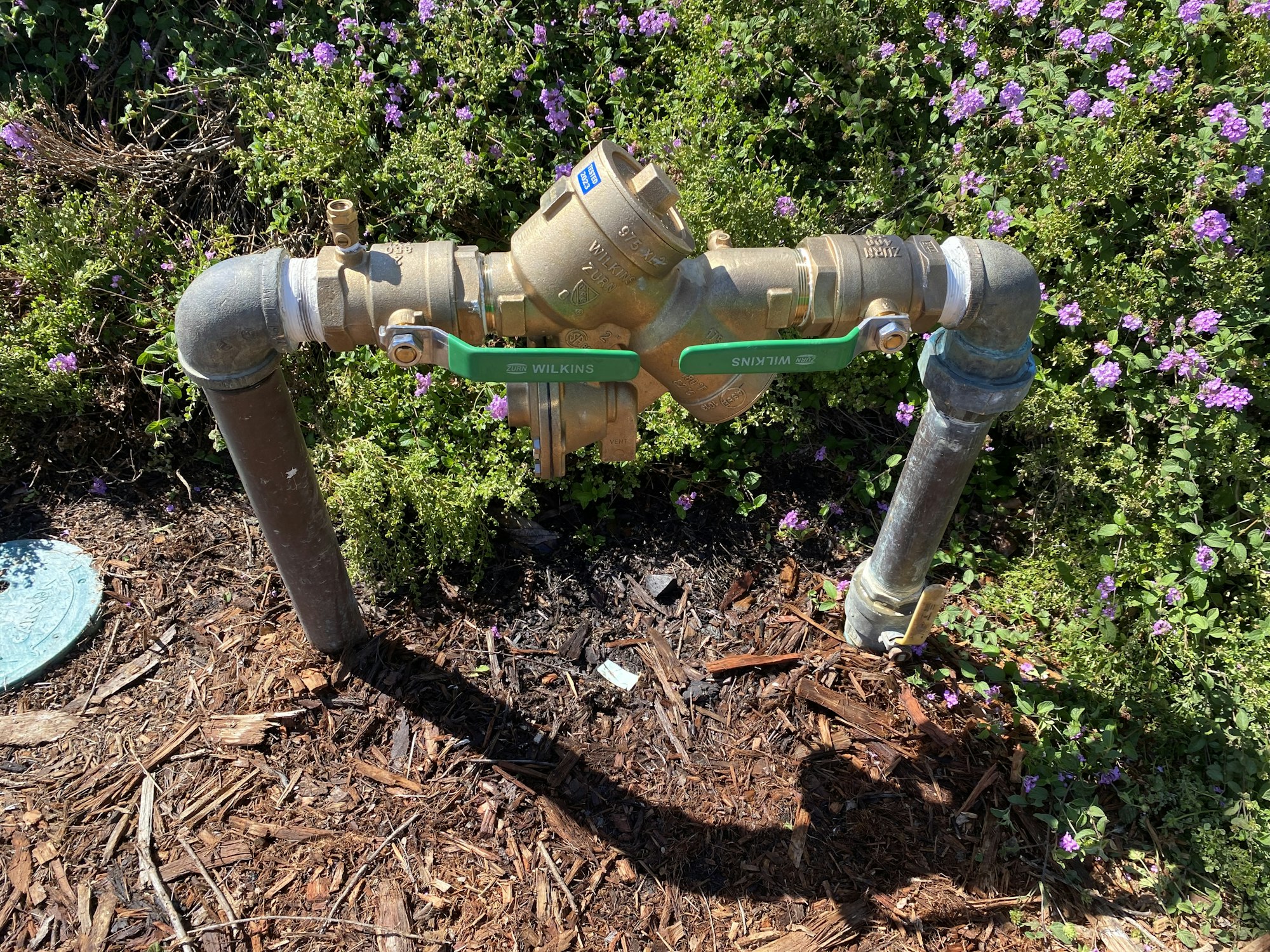 Metal pipes and a valve assembly on the ground with flowers and mulch.