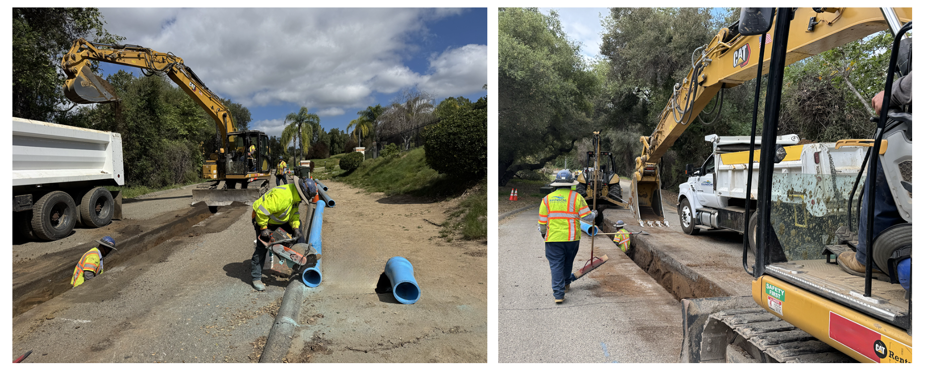 Workers are performing excavation and pipe installation using heavy machinery along a road, with one worker cutting pipes.
