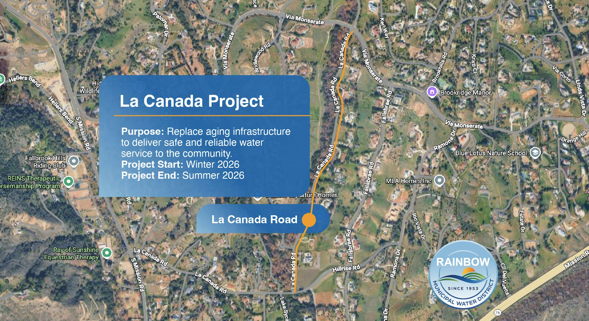 Map detailing the La Canada Project: replacing water infrastructure for community safety, starting Winter 2026, ending Summer 2026.