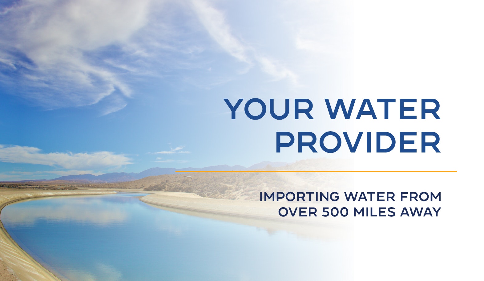 A canal with cloudy sky, text: "Your Water Provider: Importing water from over 500 miles away."