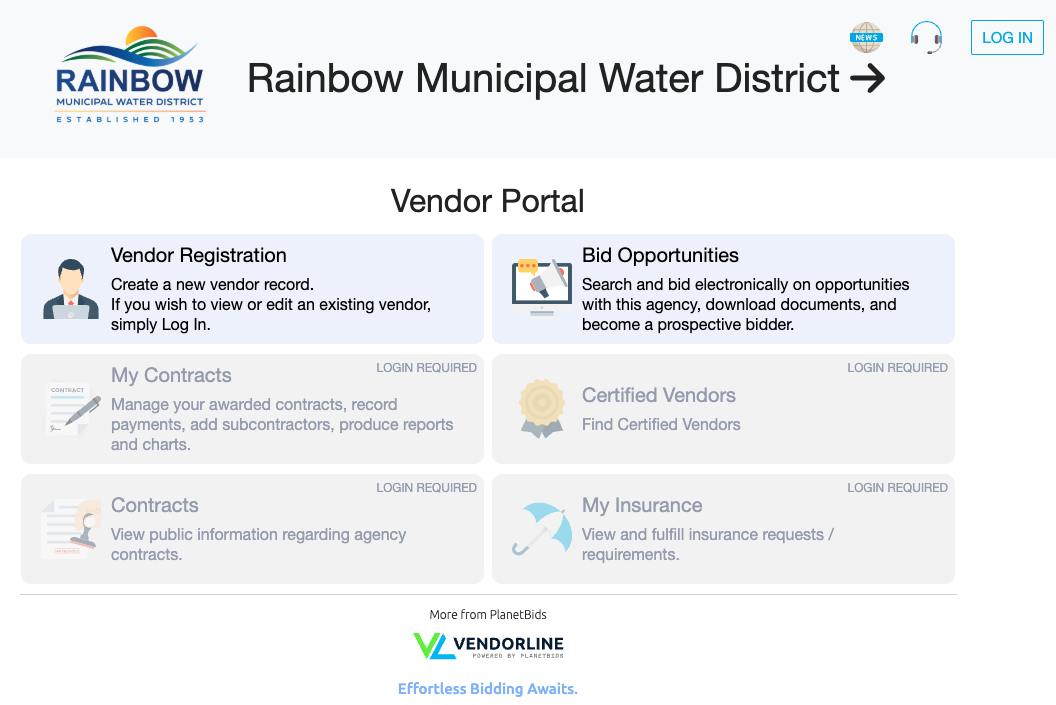 Rainbow Municipal Water District Vendor Portal page with options for vendor registration and bid opportunities; login required for some features.