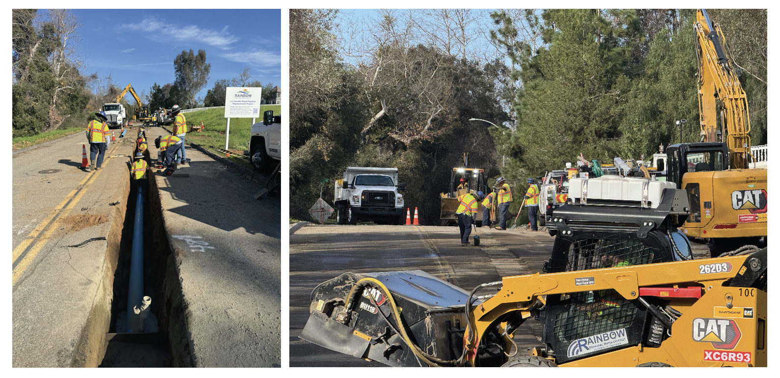 Workers are installing utilities on a road, using heavy machinery and equipment in a construction site setting.
