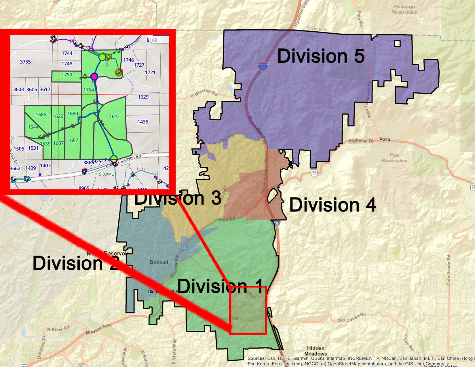 The image shows a map divided into five divisions, highlighting specific areas with color coding and detailed inset maps.